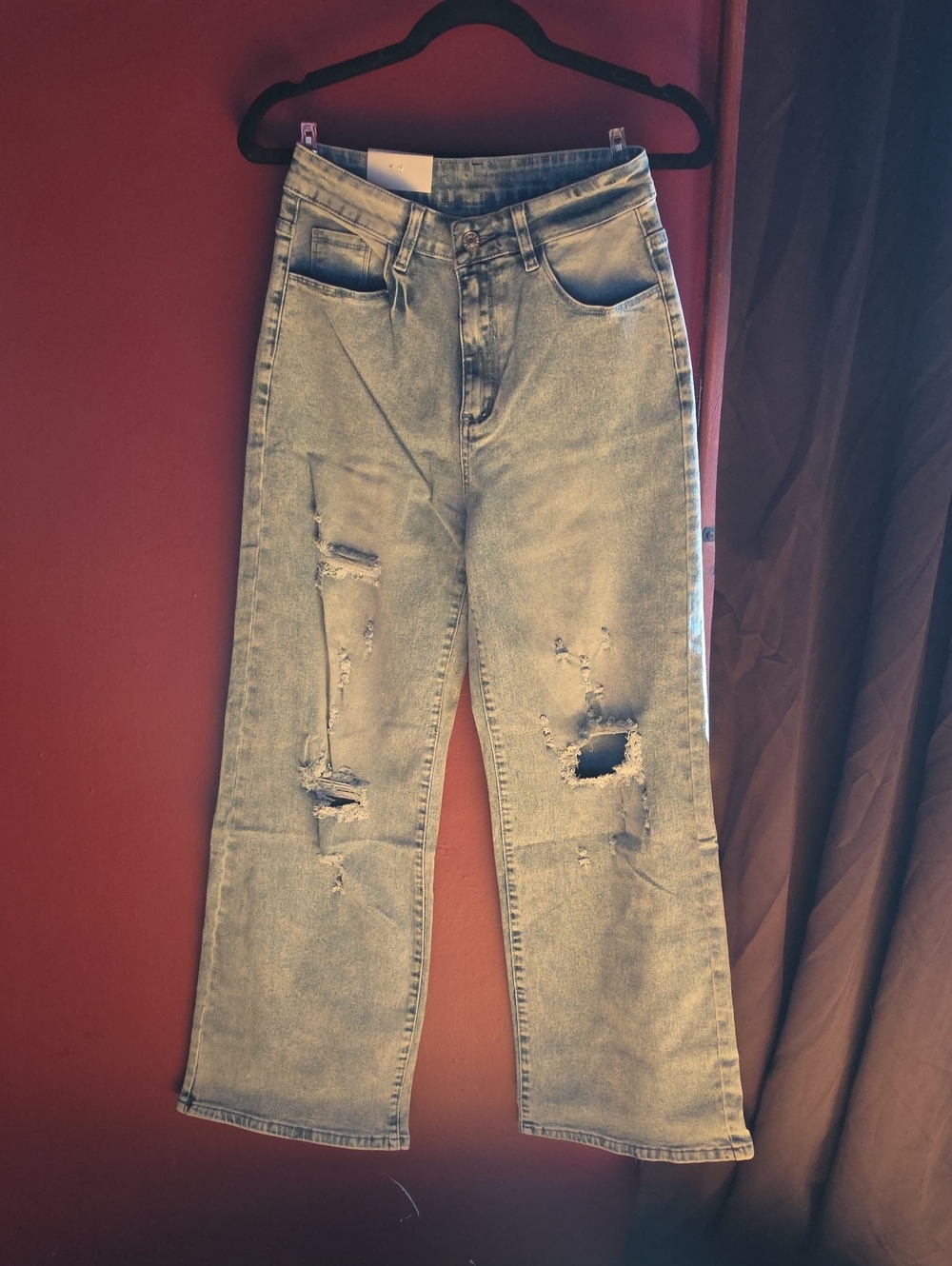Womens Light Blue Distressed High-Rise Jeans